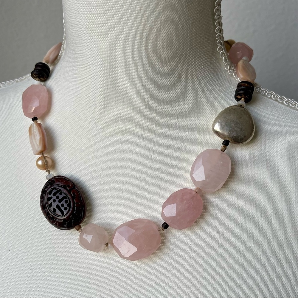 RETIRED SILPADA 925 STERLING ROSE QUARTZ FRESHWATER PEARL CARVED WOOD NECKLACE